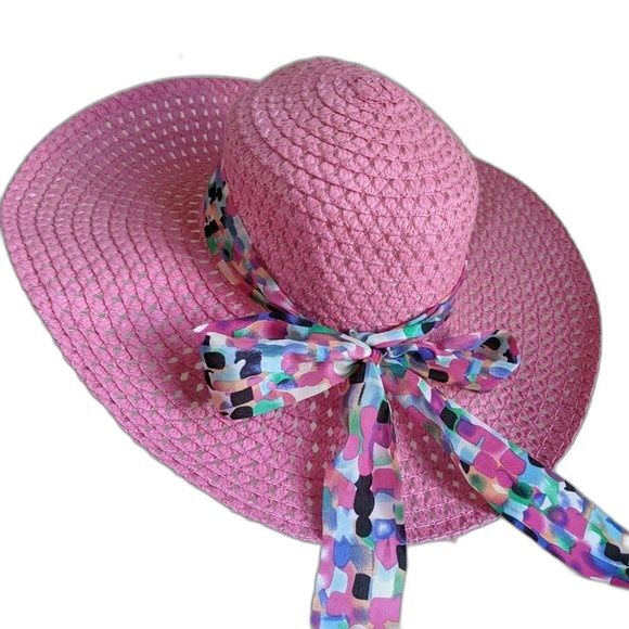Resortwear Sun Wide Brim Straw Hat with Ribbon Bow Pink Beachwear Springtime - Picture 4 of 8